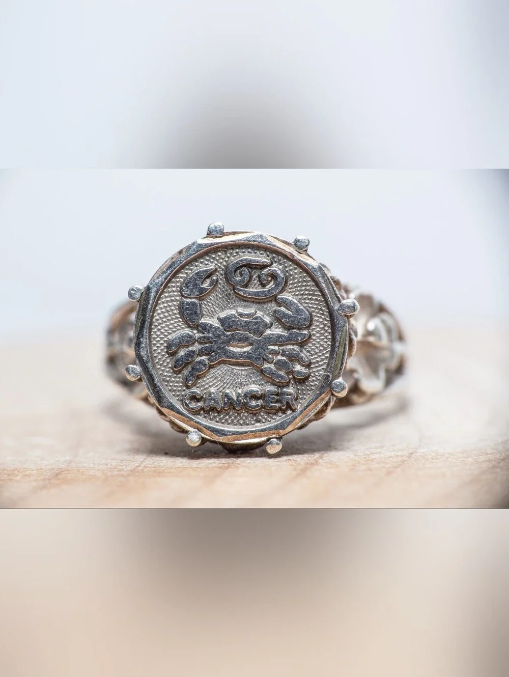 Sterling Silver Cancer Zodiac Signet Ring - Silver